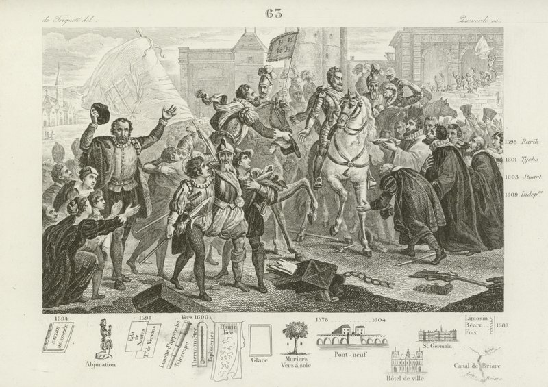 Francouzský Jindřich IV. vstoupil do Paříže v doprovodu Comte de Brissac, guvernéra města, 22. března 1594 od French School