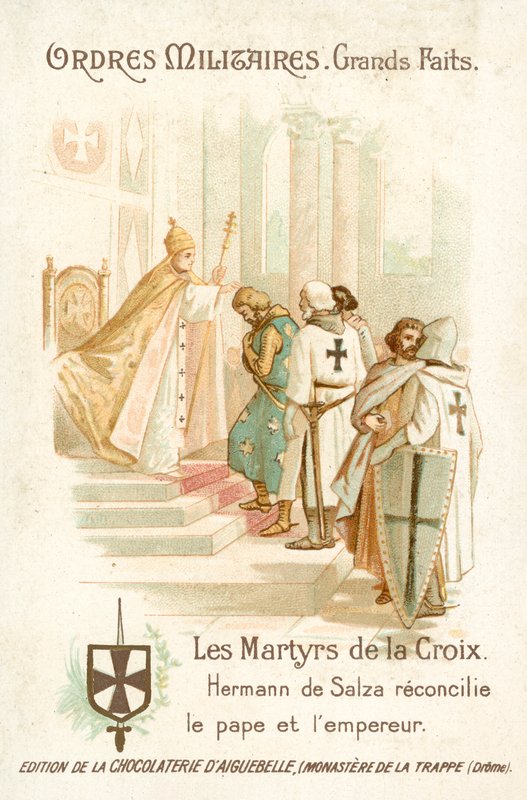 Hermann von Salza, velmistr Řádu německých rytířů, přináší usmíření mezi papežem Řehořem IX. a císařem Fridrichem II. od French School