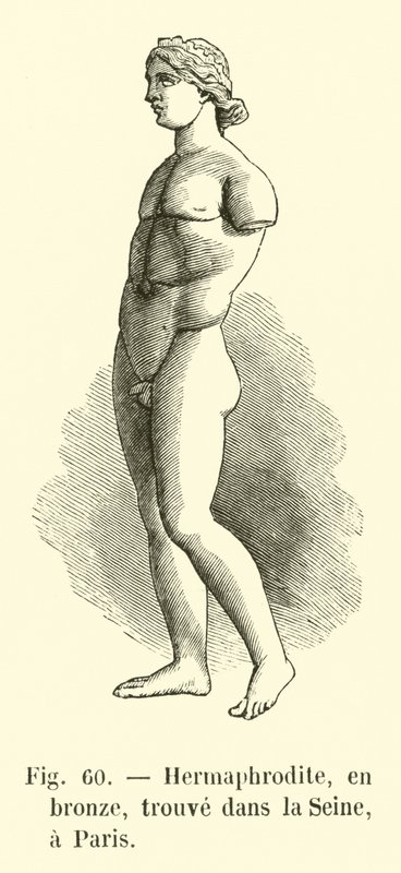 Bronzový hermafrodit nalezený v Seině v Paříži (rytina) od French School