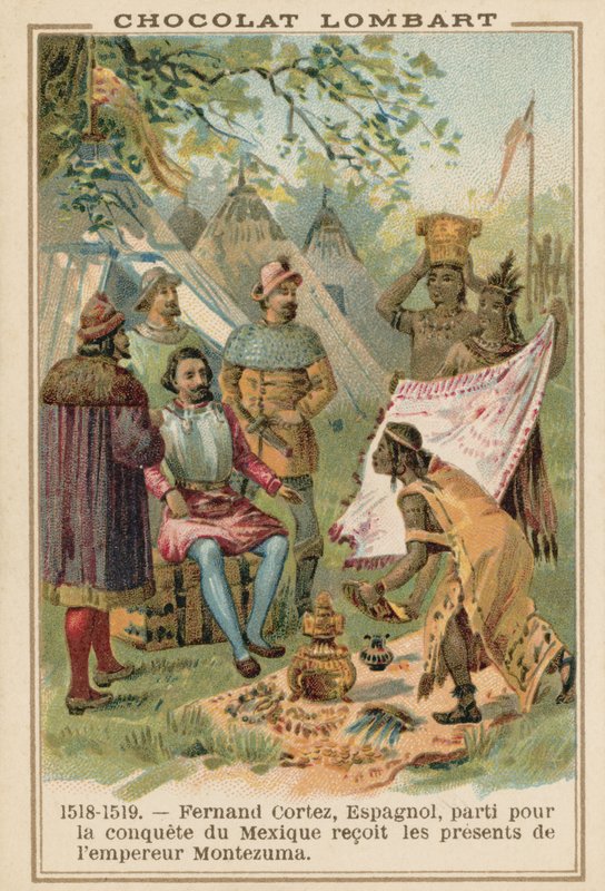 Hernan Cortes, španělský dobyvatel, přijímající dary od aztéckého císaře Montezumy, Mexiko, 1518-1519 od French School