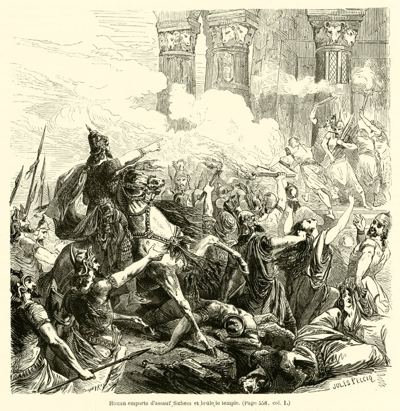 Hircan zaútočí na Shechem a spálí chrám (rytina) od French School