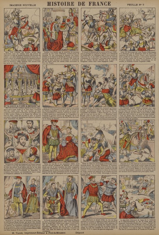 Dějiny Francie od smrti Karla VIII. do masakru na svátek svatého Bartoloměje (barevná litografie) od French School