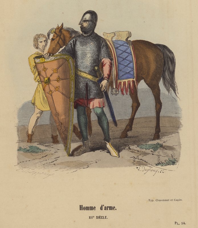 Man-at-Arms, XII. století (barevné rytí) od French School