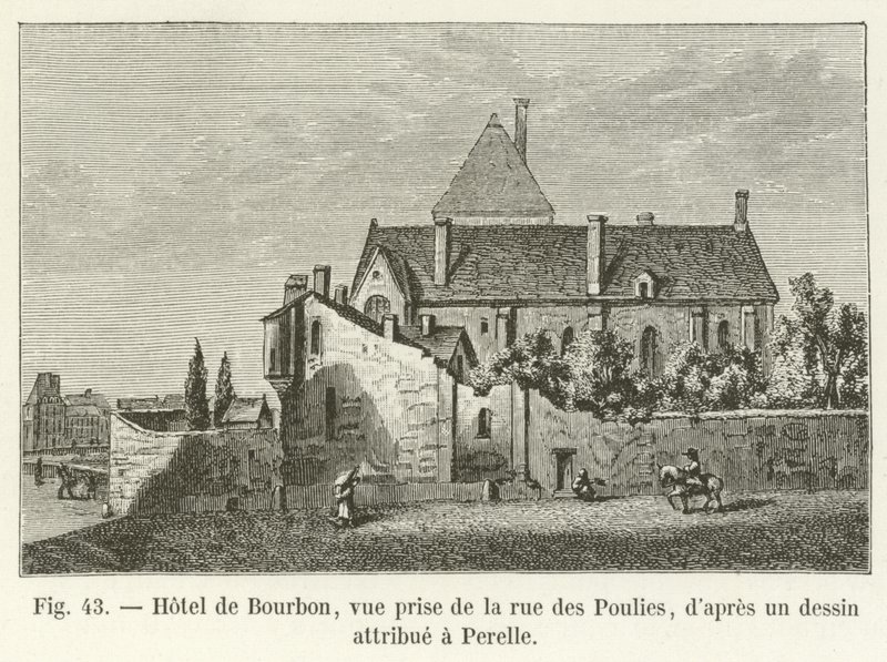 Hôtel de Bourbon, pohled z rue des Poulies, podle kresby připisované Perelle od French School