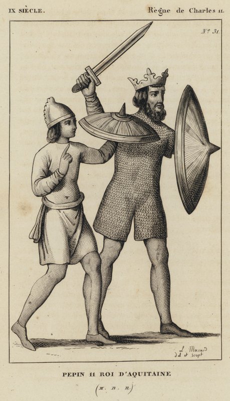 IX století, vláda Karla II., Pepin II., král Akvitánie (rytina) od French School