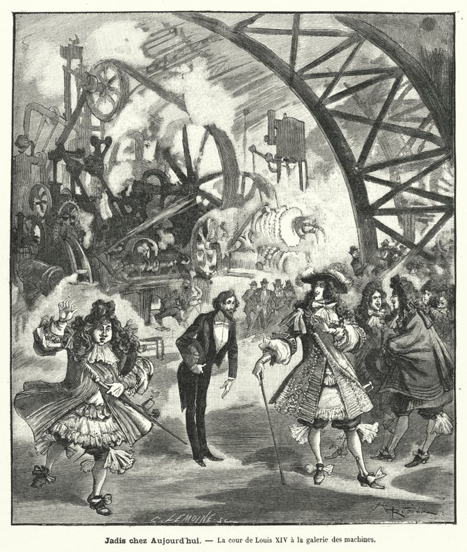 Představená návštěva krále Ludvíka XIV. a jeho dvora v pavilonu strojů na výstavě Universelle v Paříži v roce 1889 (rytina) od French School