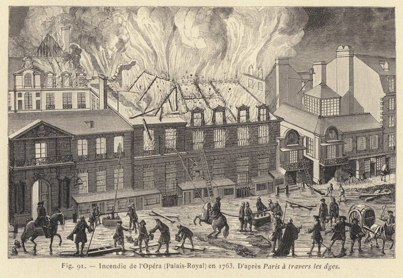 Požár v opeře, Palais-Royal, v roce 1763 (rytina) od French School