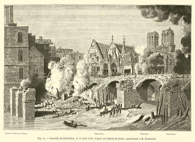 Požár Petit-Pont, 27. dubna 1718; z dobové tabulky, patřící M. Bonnardotovi od French School