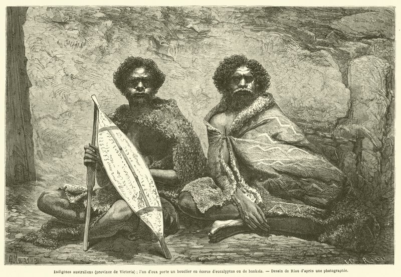 australští domorodci (provincie Victoria); jeden z nich nese štít vyrobený z eukalyptové nebo bankovní kůry (rytina) od French School
