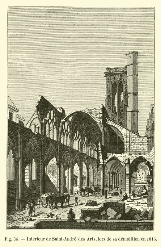 Interiér Saint-Andre des Arts, během jeho demolice v roce 1815 od French School