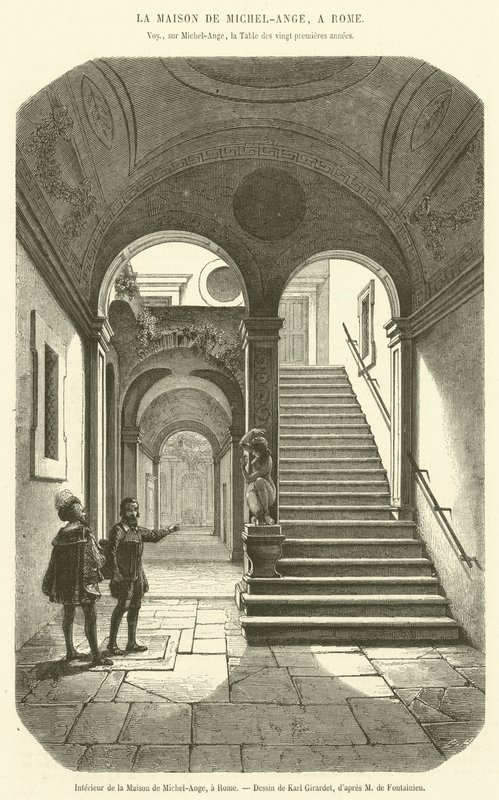 Interiér Michelangelova domu, Řím (rytina) od French School