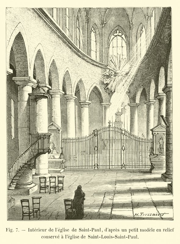 Interiér kostela Saint-Paul, z malého modelu v reliéfu dochovaného v kostele Saint-Louis-Saint-Paul od French School