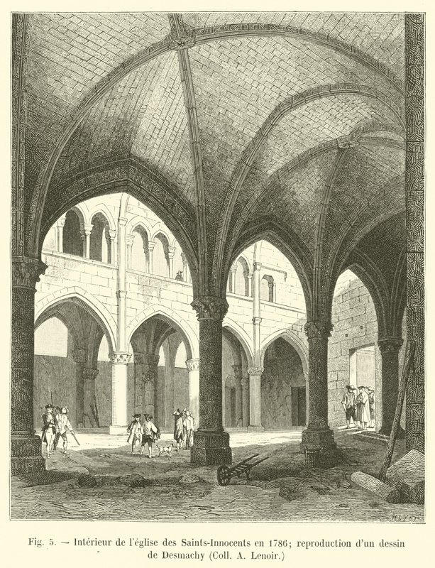 Interiér kostela Saints-Innocents v roce 1786; reprodukce kresby Desmachy, Coll A Lenoir od French School