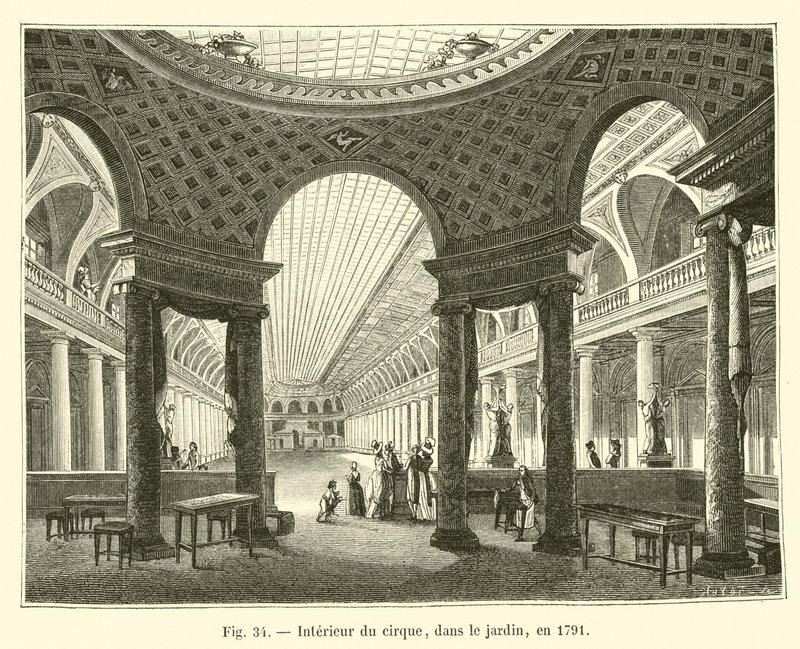 Interiér cirkusu, v zahradě, v roce 1791 od French School