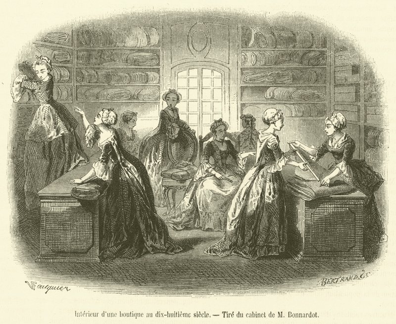 Interiér obchodu v osmnáctém století (rytina) od French School