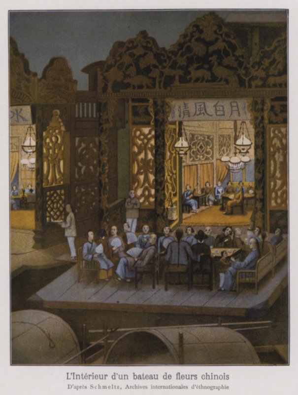 Interiér květinové lodi, čínské výletní lodi (barevná litografie) od French School