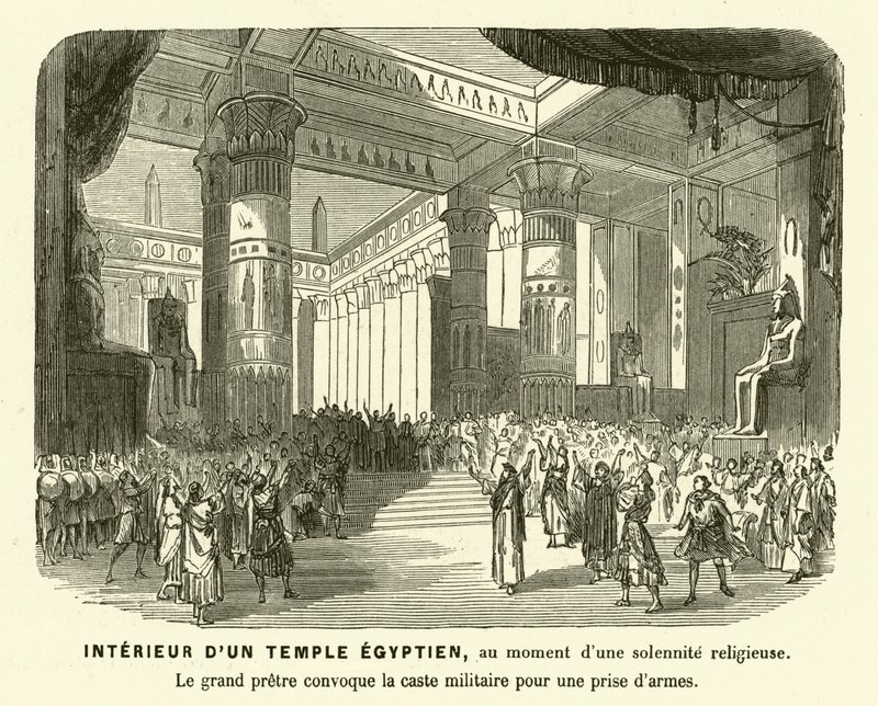 Interiér starověkého egyptského chrámu během bohoslužby (rytina) od French School