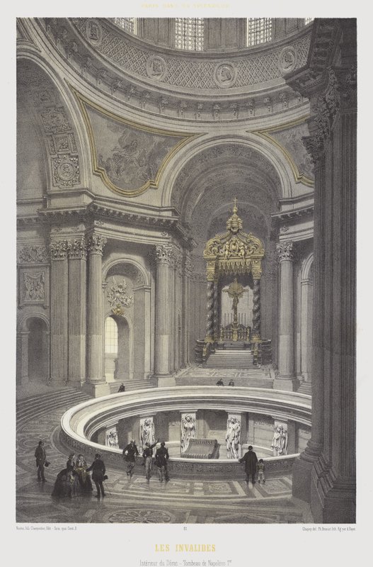 Interiér kupole a hrobky Napoleona I., Les Invalides, Paříž (barevné lito) od French School