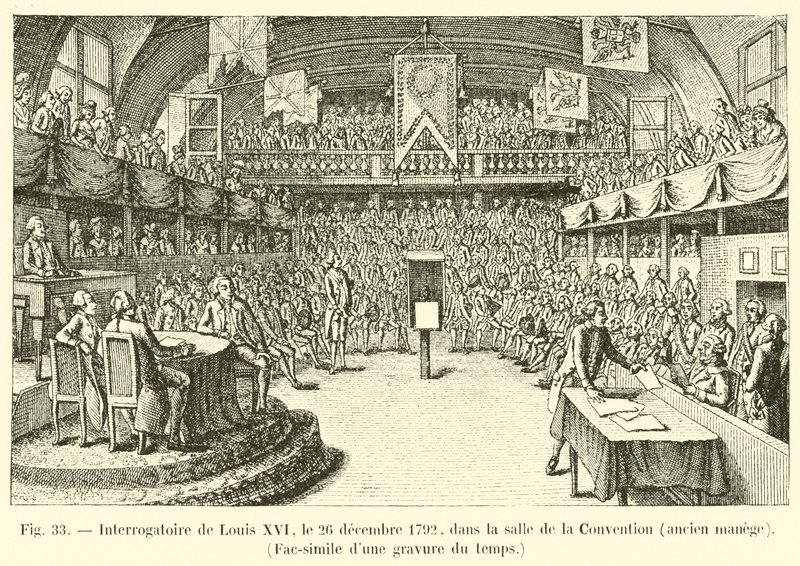 Výslech Ludvíka XVI., 26. prosince 1792, v Salle de la Convention, bývalá jízdárna, Faksimile rytiny z doby od French School
