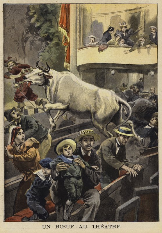 Přerušení divadelního představení býčkem, Villefranche-de-Lauragais, Francie, 1897 od French School