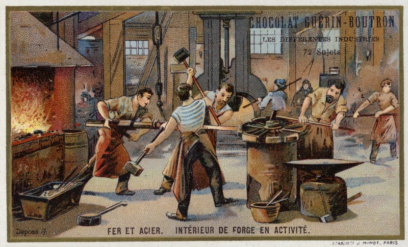 Železo a ocel. Interiér rušné kovárny (chromolitho) od French School