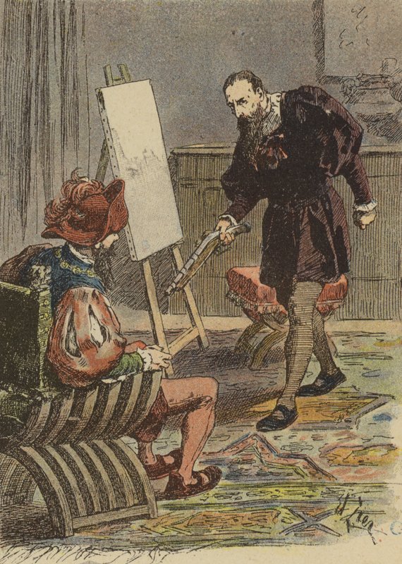 Italský malíř Tintoretto se blíží k Pietru Aretinovi, ozbrojený pistolí, aby změřil své míry pro svůj portrét od French School