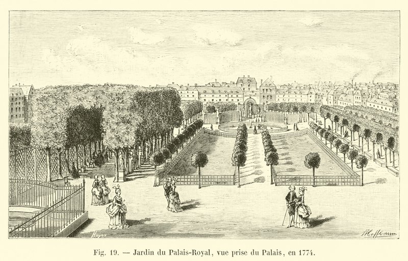 Zahrada Palais-Royal, pohled z paláce, v roce 1774 od French School