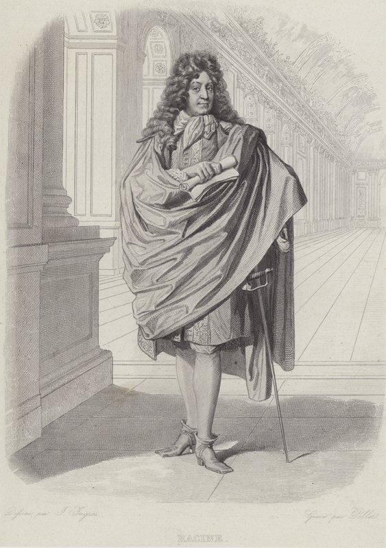 Jean Racine, francouzský dramatik, v zrcadlovém sále ve Versailles (rytina) od French School
