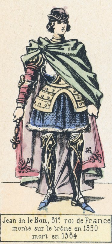 Jean dit le Bon, 51. král Francie, nastoupil na trůn v roce 1350, zemřel v roce 1364 (barevná rytina) od French School
