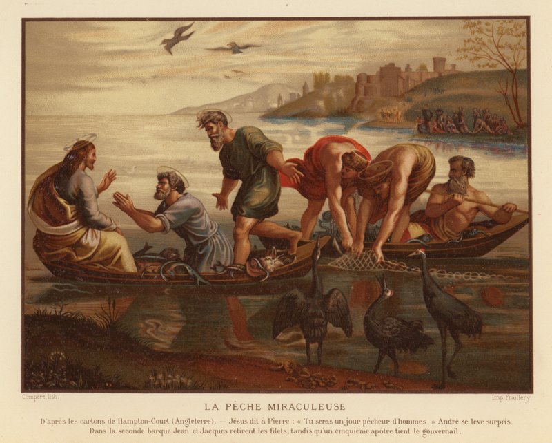Ježíš Kristus a zázračný rybí tah (chromolitho) od French School