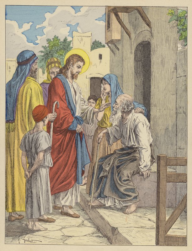 Ježíš uzdravuje slepce (barevná litografie) od French School