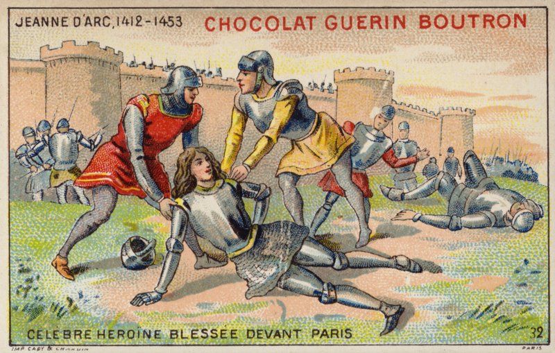 Johanka z Arku zraněná před hradbami Paříže (chromolitho) od French School