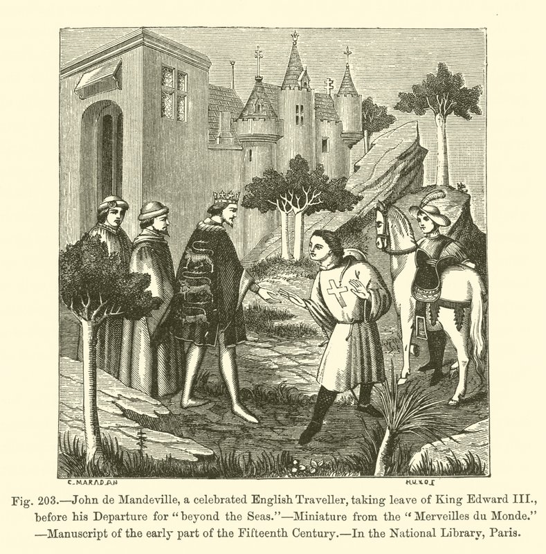 John de Mandeville, slavný anglický cestovatel, odchází od krále Edwarda III., před jeho odjezdem do „za moře“ (rytina) od French School