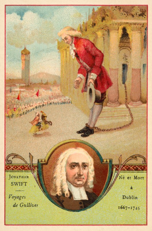 Jonathan Swift, irský autor, a scéna z jeho románu Gulliver