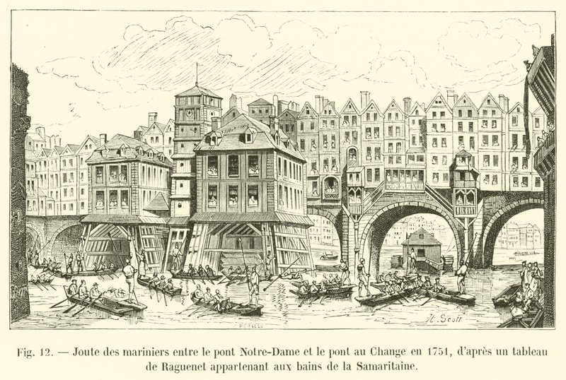 Rytířské souboje námořníků mezi mostem Notre-Dame a mostem Change v roce 1751 podle malby od Ragueneta patřící k lázním Samaritaine od French School