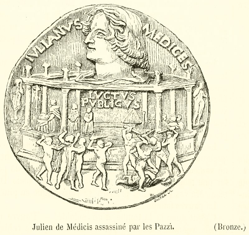 Giuliano de Medici zavražděn Pazzi, bronz (rytina) od French School