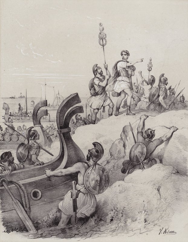Julius Caesar a Římané přistávající v Kentu při své první invazi do Británie, 55 př.nl (litho) od French School