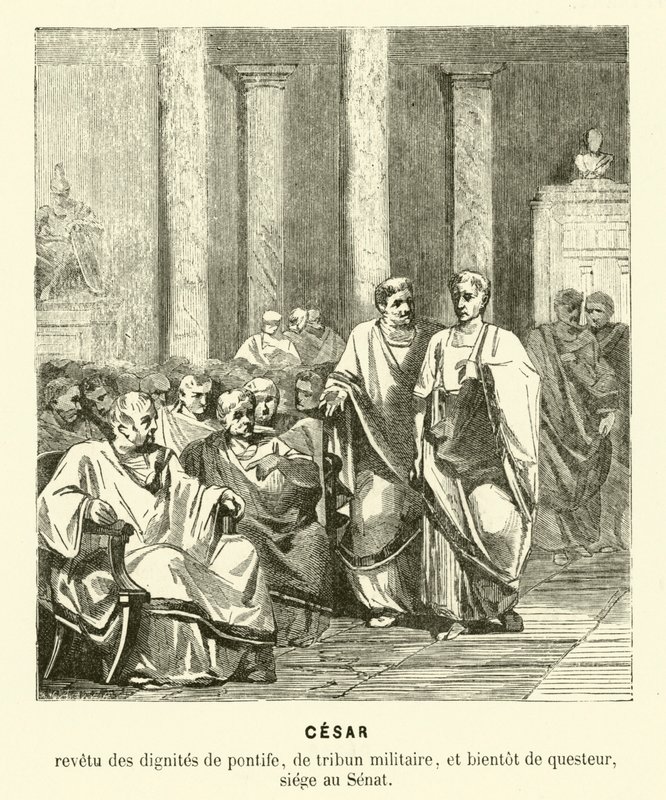 Julius Caesar v římském senátu (rytina) od French School