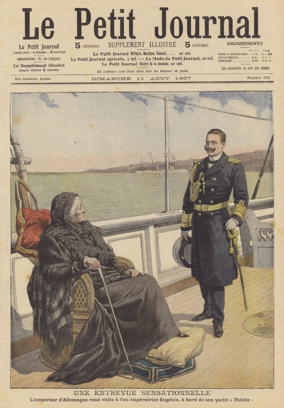 Německý císař Wilhelm II na návštěvě bývalé císařovny Eugenie, vdovy po Napoleonovi III. Francouzském, na její jachtě Thistle (barevně lito) od French School