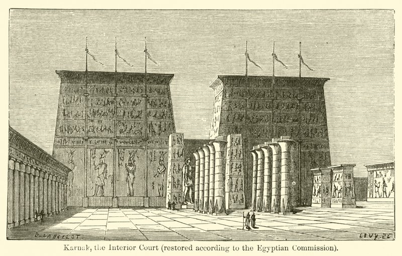 Karnak, vnitřní soud, restaurováno podle egyptské komise (rytina) od French School