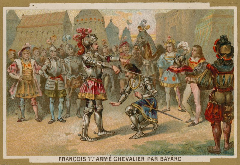 Francouzský král Karel I. pasován na rytíře Chevalier de Bayard po bitvě u Marignana, 1515 od French School