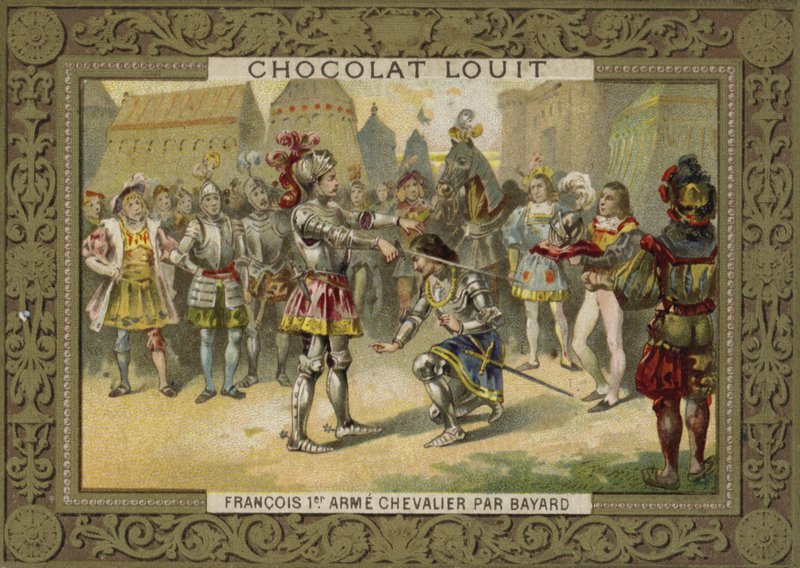Francouzský král Karel I. pasován na rytíře Chevalier de Bayard po bitvě u Marignana, 1515 od French School