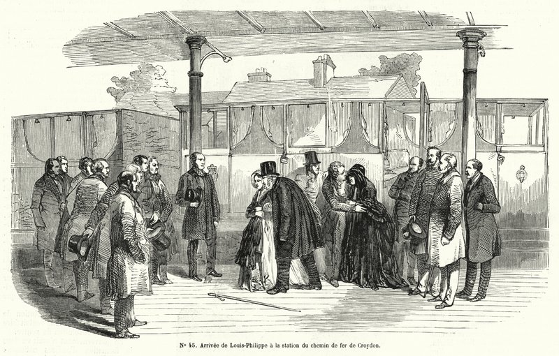 Francouzský král Louis-Philippe přijíždějící na nádraží Croydon poté, co byl nucen odejít do exilu, únor 1848 (rytina) od French School
