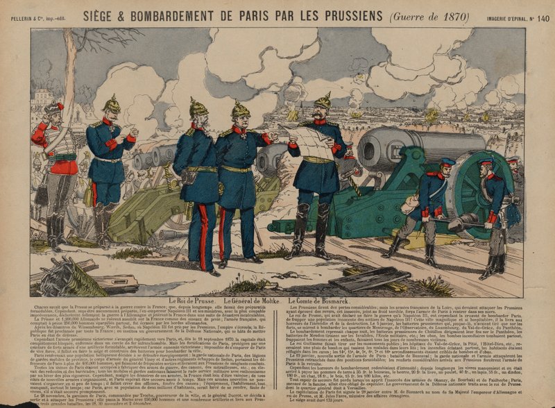 Pruský král Wilhelm I., Otto von Bismarck a polní marsha Helmuth von Moltke při obléhání Paříže, francouzsko-pruská válka od French School
