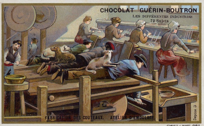 Výroba nožů. Ostřicí dílna (chromolitho) od French School