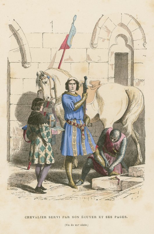O rytíře se stará jeho panoš a páže, konec 12. století od French School