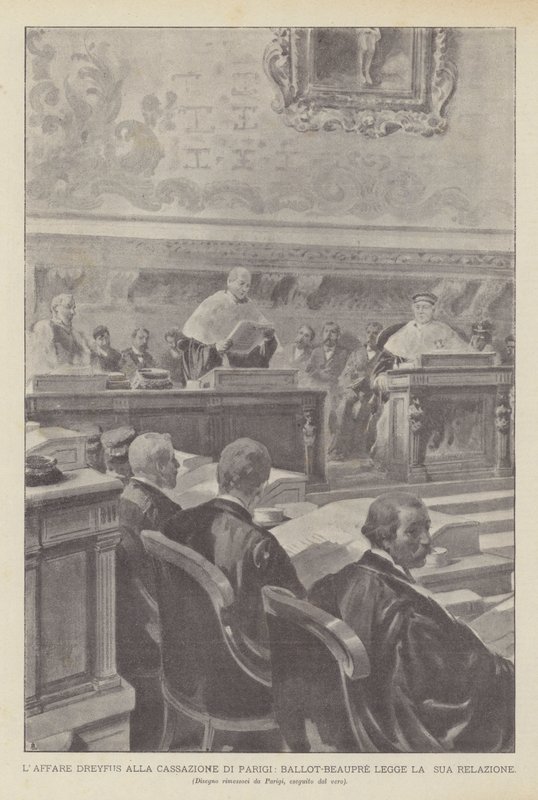 Dreyfusova aféra V pařížské kasaci čte Ballot-Beaupre svou zprávu (litho) od French School
