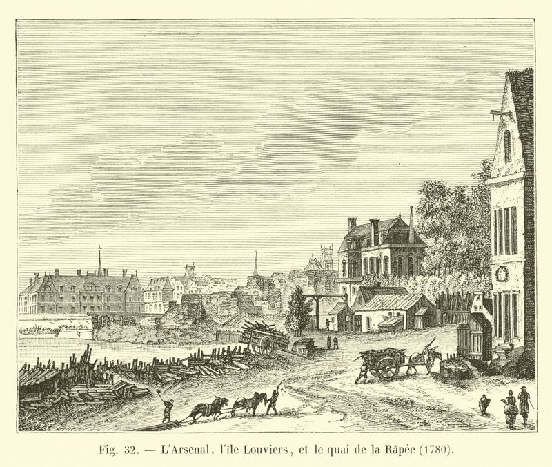 Arsenal, ostrov Louviers a Quai de la Rapee, 1780 od French School