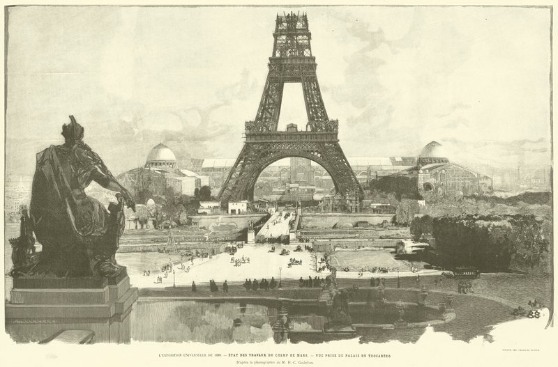 Všeobecná výstava z roku 1889, Stav děl Champ de Mars, pohled z paláce Trocadero, podle fotografie M H-C Godefroy (rytina) od French School
