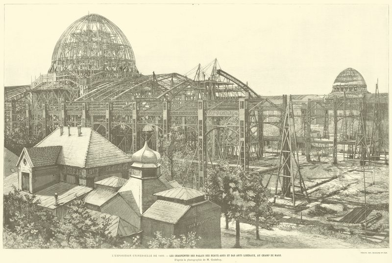 Všeobecná výstava z roku 1889, Rámce paláce výtvarných umění a svobodných umění, na Champ de Mars, podle fotografie M. Godefroye (rytina) od French School